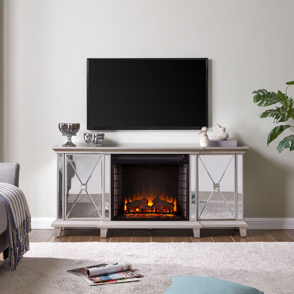 Toppington Mirror and silver Mirrored Electric Fireplace with Media Console, image 1