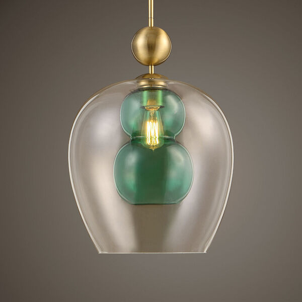 Shamrock Antique Brass and Green One-Light Glass Pendant, image 4