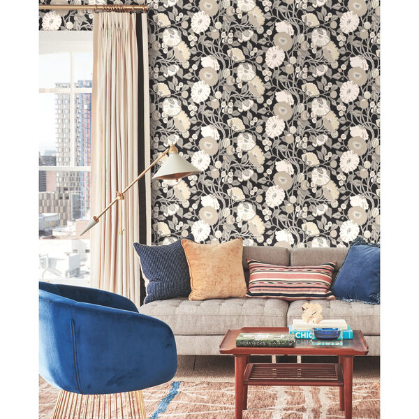 Black and Cream 27 In. x 27 Ft. Vincent Poppies Wallpaper, image 1