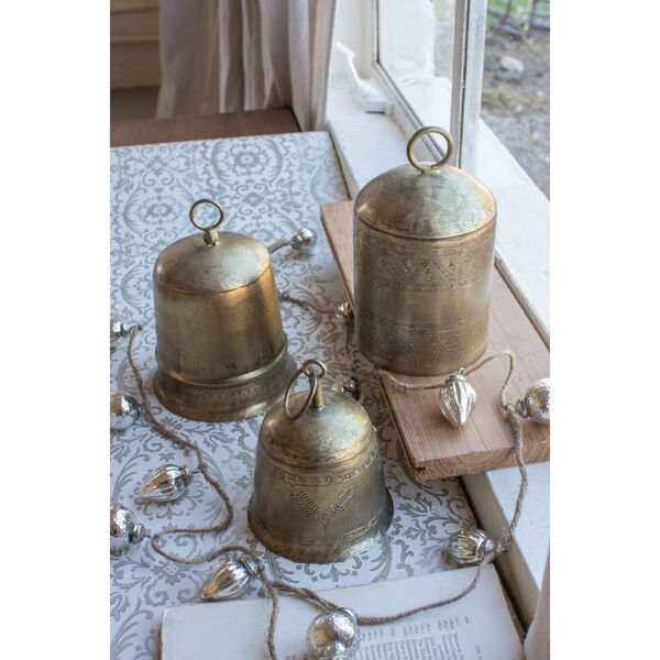 Assorted Antique Brass Finish Bells, Set of Three, image 1