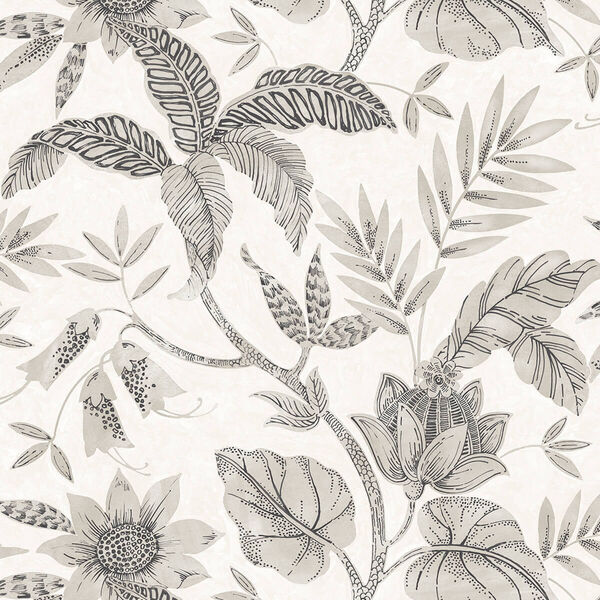Boho Rhapsody Ivory and Stone Rainforest Leaves Unpasted Wallpaper, image 2
