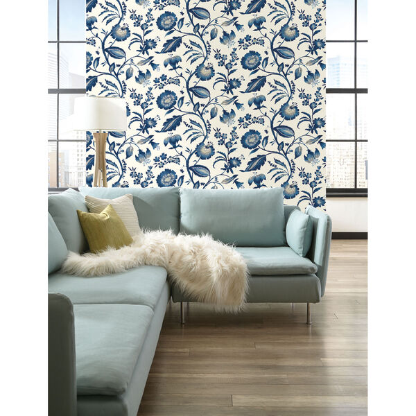 Ashford House Tropics Off-White and Blue Watercolor Jacobean Wallpaper, image 4