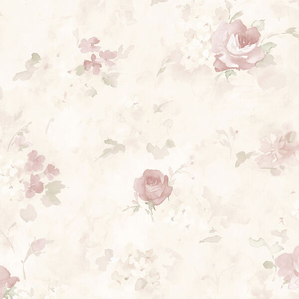 Morning Dew Soft Pink, Green and Cream Floral Wallpaper, image 1