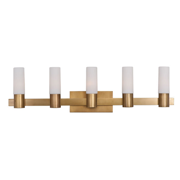 Contessa Natural Aged Brass Five Light Bath Vanity with Satin White Glass Shade, image 1