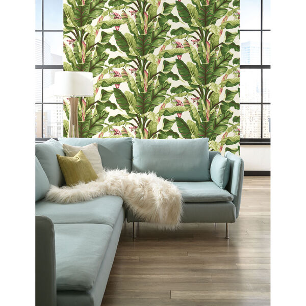 Ashford House Tropics White and Green Banana Leaf Wallpaper, image 3