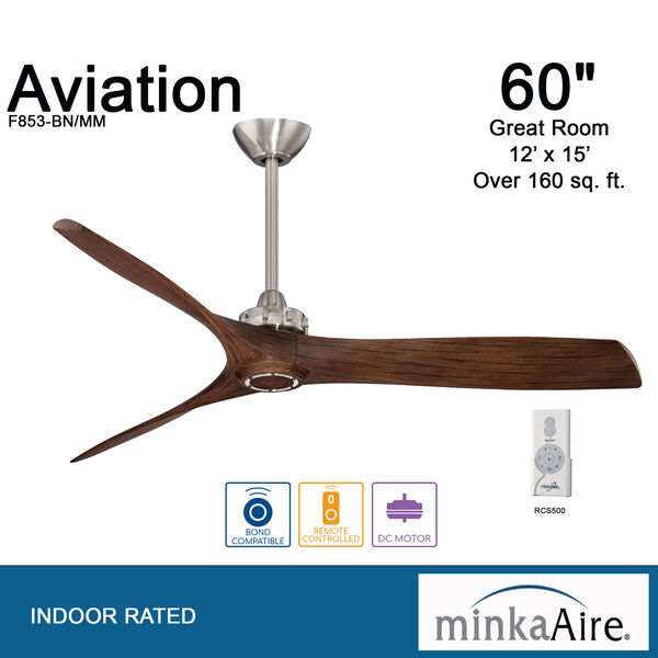 Aviation 60-Inch Ceiling Fan in Brushed Nickel with Three Medium Maple Blades, image 9
