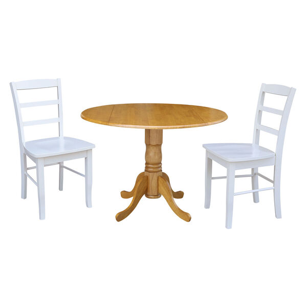 Oak and White 42-Inch Dual Drop Leaf Dining Table with Two Ladder Back Dining Chair, Three-Piece, image 1