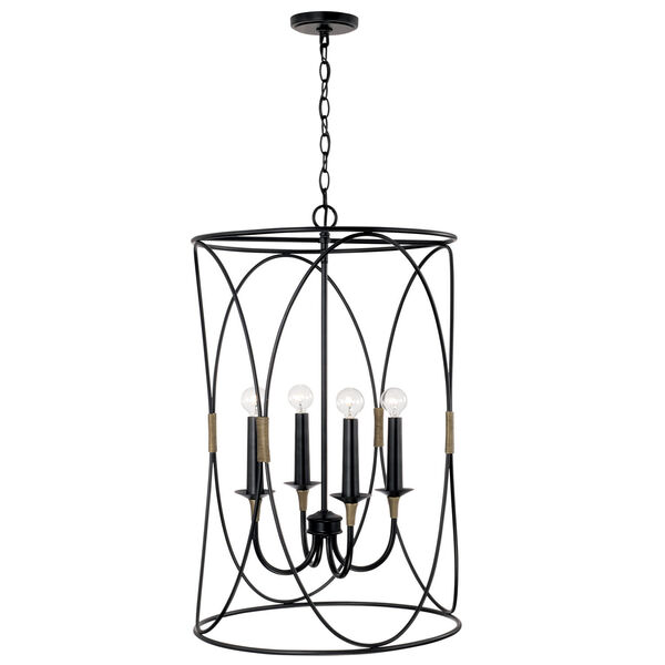 Amara Matte Black with Brass Four-Light Chandelier with and Brass Wrapped Detail, image 2