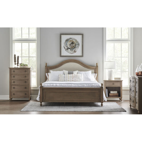 Brown Arched Paneled Wood Framed Upholstered King Bed, image 1