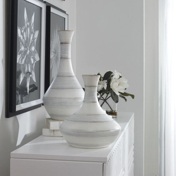 Potter Soft Ivory, Blue and Tan Fluted Striped Vase, Set of 2, image 2