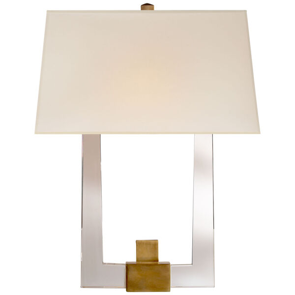 Edwin Double Arm Sconce in Crystal and Antique-Burnished Brass with Silk Shade by Chapman and Myers, image 1