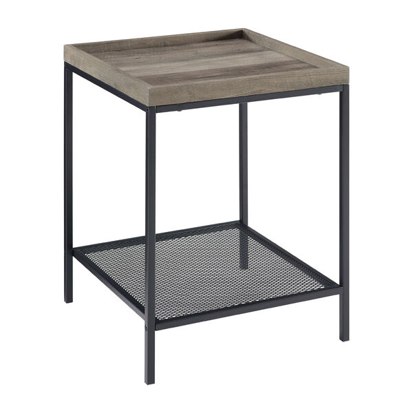 18-Inch Grey Wash Square Tray Side Table with Mesh Metal Shelf, image 1