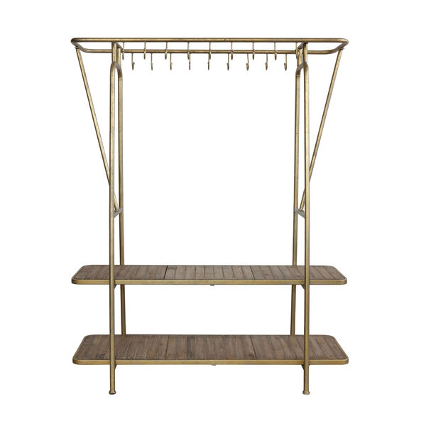 Gold Metal Rack with Eighteen Hooks and Two Shelves, image 1