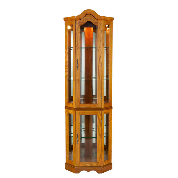 Oak Lighted Corner Curio Cabinet, image 1