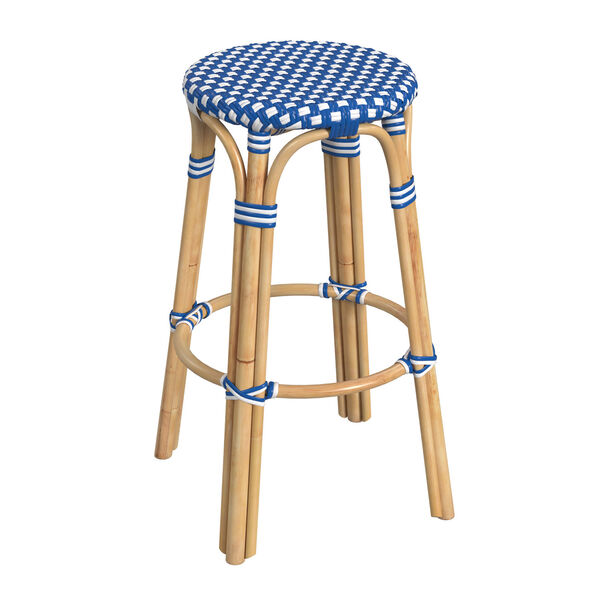 Tobias Bright Sky Blue and White Dot on Natural Rattan Bar Stool, image 2