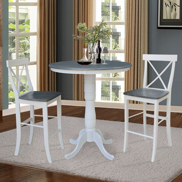 White and Heather Gray 36-Inch Round Pedestal Bar Height Table With Two X-Back Bar Height Stools, Three-Piece, image 2