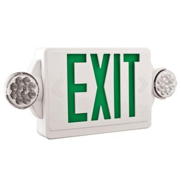LHQM LED G HO M6 2 Light Plastic LED White Exit Sign/Emergency with LED Heads and Green Stencil High Output Battery, image 1
