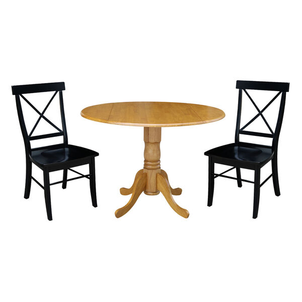 Oak and Black 42-Inch Dual Drop Leaf Dining Table with Two Cross Back Dining Chair, Three-Piece, image 1