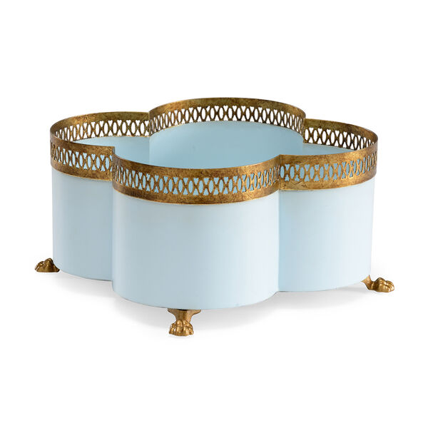 Lisa Kahn Gold and Light Blue Tracery Cachepot- Small, image 1