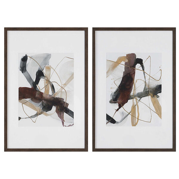 Dark Walnut Frame Burgundy Interjection Abstract Print Wall Art, Set of 2, image 1
