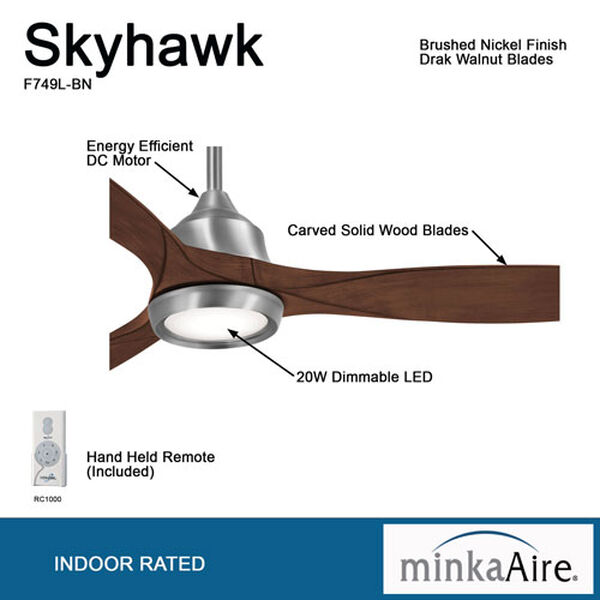 Skyhawk Brushed Nickel 60-Inch Ceiling Fan with LED Light Kit, image 3