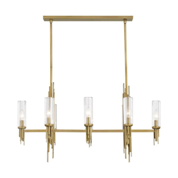 Torres Vintage Brass Eight-Light Linear Chandelier with Ribbed Glass Shades, image 1