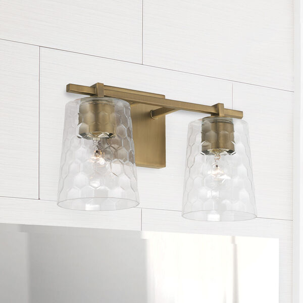 Burke Aged Brass Two-Light Bath Vanity with Clear Honeycomb Glass Shades, image 3