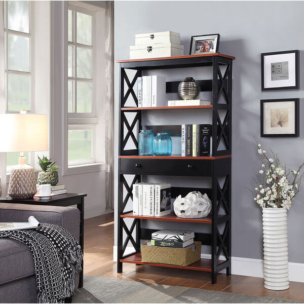 Oxford 5 Tier Bookcase with Drawer in Cherry and Black, image 4