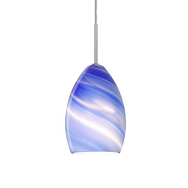 Euka Satin Nickel One-Light Mini Pendant with Blue Twist Glass, image 1