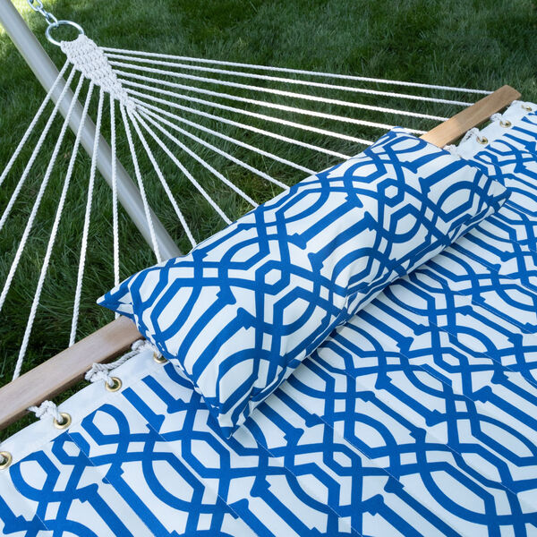 Blue and White Quilted Hammock with Pillow and Stand, image 3