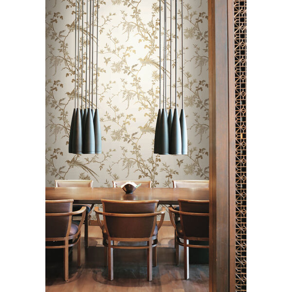 Ronald Redding 24 Karat White and Gold Bird And Blossom Chinoserie Wallpaper, image 6