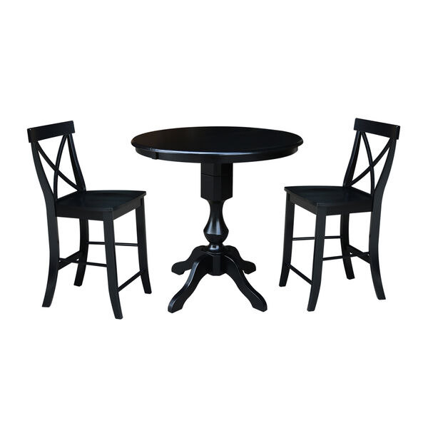 Black 36-Inch Counter Height Table with 12-Inch Leaf and Two X-Back Stools, image 1