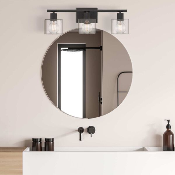 Vibrato Matte Black Three-Light Bath Vanity with Clear Glass Shades, image 2
