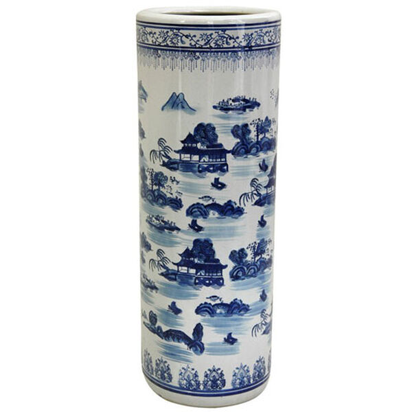 24 Inch Porcelain Umbrella Stand Blue and White Landscape, Width - 8.5 Inches, image 1