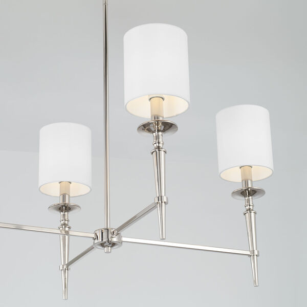 Abbie Polished Nickel and White Six-Light Island Chandelier with White Fabric Stay Straight Shades, image 4
