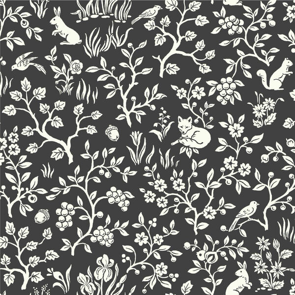 Fox and Hare Straight Black Wallpaper - SAMPLE SWATCH ONLY, image 1