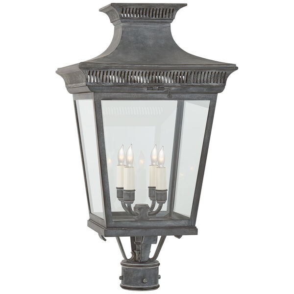 Elsinore Medium Post Lantern in Weathered Zinc with Clear Glass by Chapman and Myers, image 1