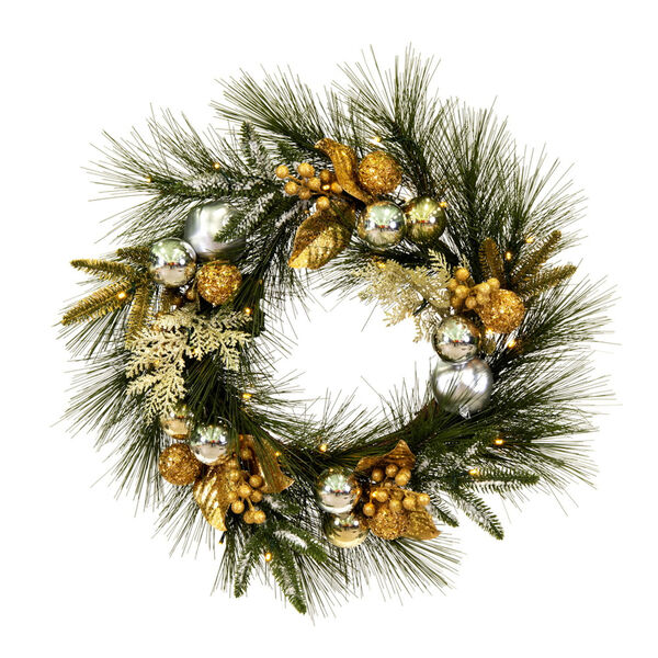 Green 24 In. Artificial Christmas Wreath with Battery Operated Warm White Lights, image 1