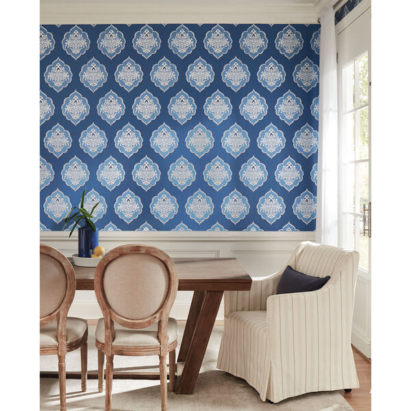 Damask Resource Library Blue 27 In. x 27 Ft. Signet Medallion Wallpaper, image 1
