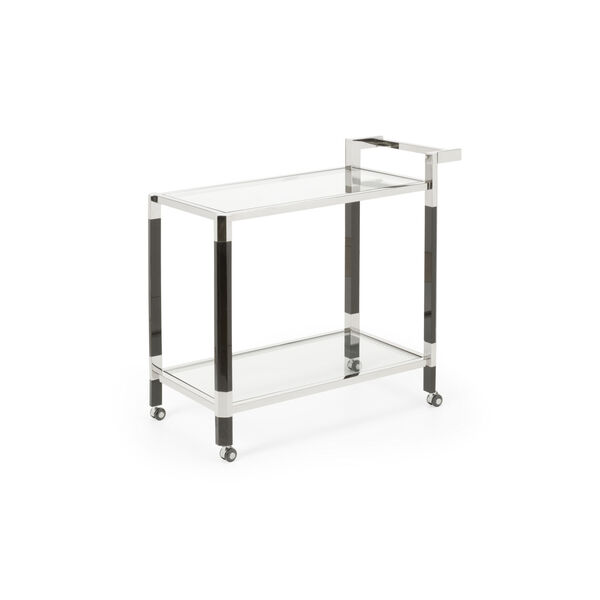 Boulevardier Polished Nickel and Black Bar Cart with Clear Glass, image 1