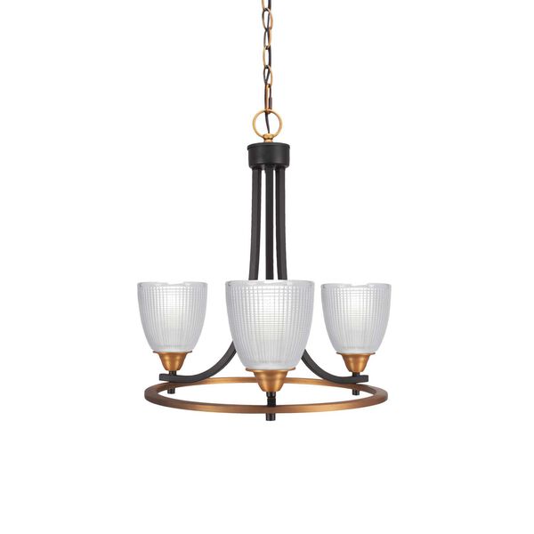 Paramount Matte Black Brass Three-Light Chandelier with Clear Dome Ribbed Glass, image 1
