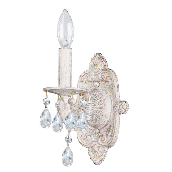 Hampton Antique White Ornate One-Light  Wall Sconce Draped with Clear Hand Cut Crystal, image 1