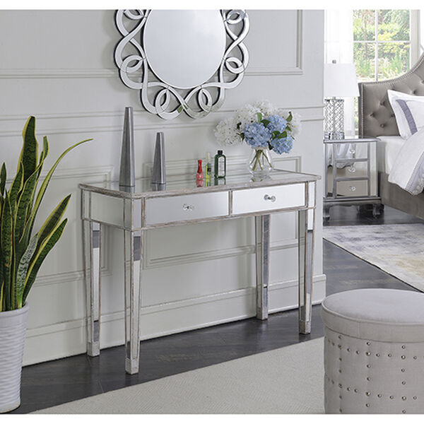 Gold Coast Weathered White Mirrored Two-Drawer Desk Console Table, image 3