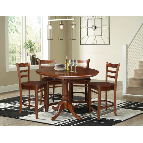 Espresso 36-Inch Round Extension Dining Table with Four Counter Stool, Five Piece, image 1