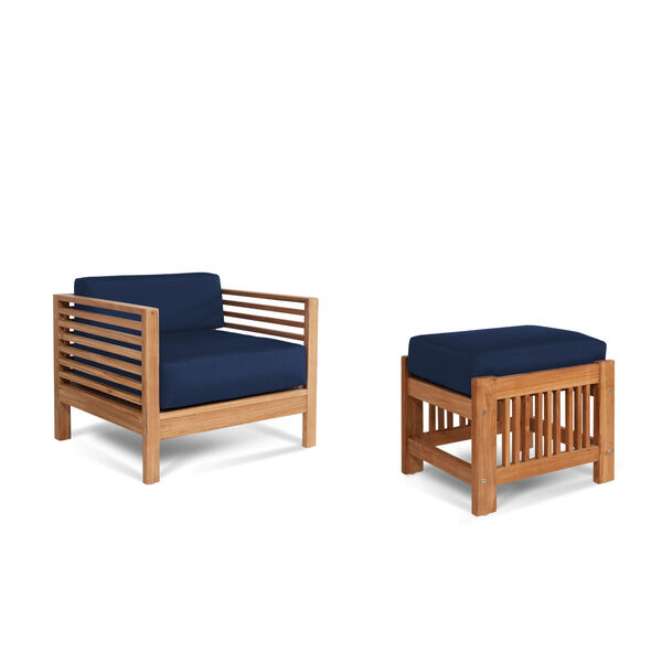 Summer Natural Teak Outdoor Lounge Chair and Ottoman with Sunbrella Navy Cushion, image 1