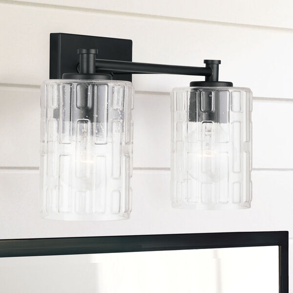 Matte Black Two-Light Bath Vanity with Clear Embossed Glass, image 2