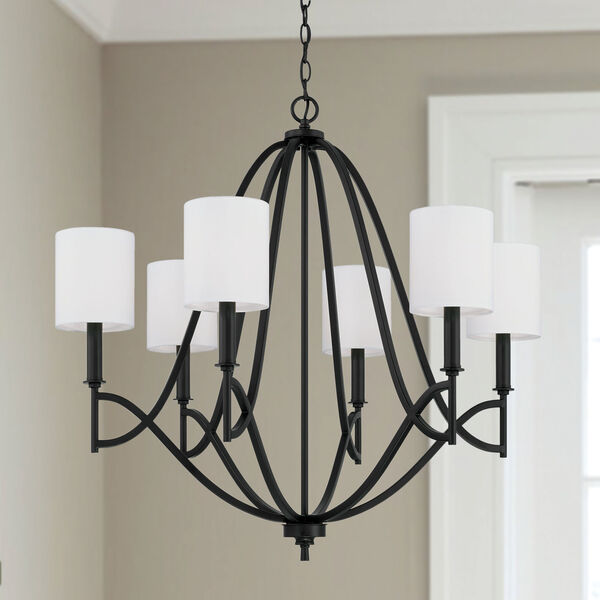 Sylvia Matte Black Six-Light Chandelier with White Fabric Stay Straight Shades, image 2