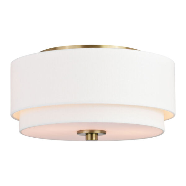 Burnaby Matte Brass 13-Inch Two-Light Flush Mount with White Fabric Drum Shade, image 1