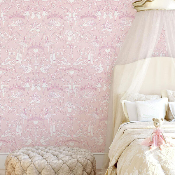 A Perfect World Bright Pink Ballet Toile Wallpaper, image 6