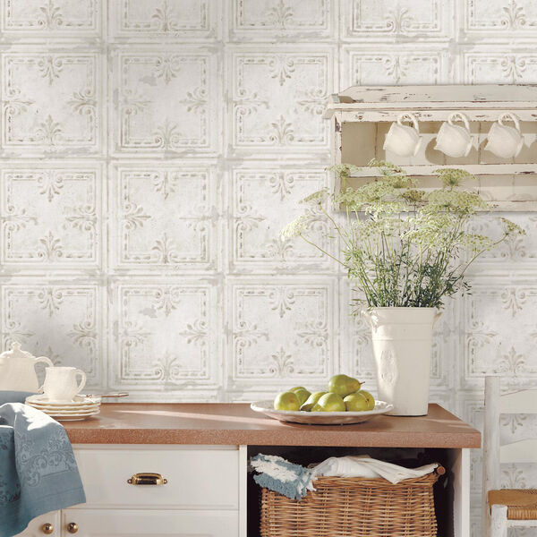 Tin Tile White Peel and Stick Wallpaper, image 2